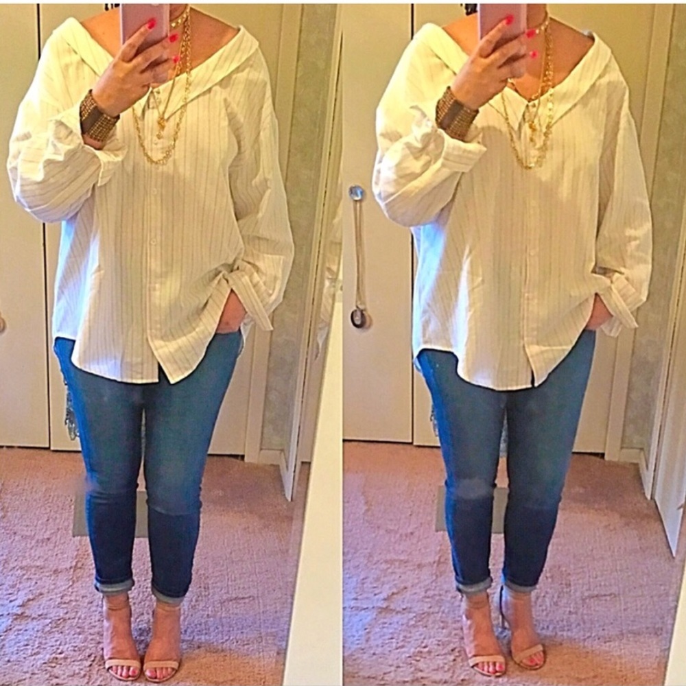 Long Sleeve Stripe Woven Shirt- WHITE/TAUPE - Picture 2 of 5